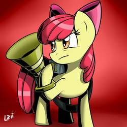 Size: 1024x1024 | Tagged: safe, artist:elzielai, apple bloom, earth pony, pony, bloom & gloom, g4, female, pest control gear, solo, twitbuster apple bloom