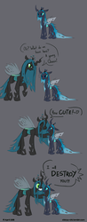 Size: 842x2153 | Tagged: safe, artist:chirpy-chi, queen chrysalis, oc, oc:queen chalybeous, changeling, changeling queen, g4, blue changeling, changeling oc, changeling queen oc, comic, female