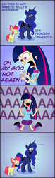 Size: 740x2385 | Tagged: safe, artist:hellarmy, apple bloom, princess luna, twilight sparkle, bloom & gloom, equestria girls, g4, my little pony: friendship is magic, aaaaaaaaaa, comic, dialogue, dream walker luna, exploitable meme, human coloration, meme, take that, twilight sparkle (alicorn), twiscream