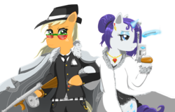 Size: 2239x1435 | Tagged: safe, artist:xaidon, applejack, rarity, g4, c96, cigar, cigarette, cigarette holder, female, gun, lesbian, mafia, magic, ship:rarijack, shipping, simple background, smoking, telekinesis, tommy gun