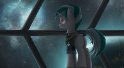 Size: 2900x1593 | Tagged: safe, artist:ncmares, oc, oc only, pony, unicorn, clothes, night, planet, solo, space, stars, uniform