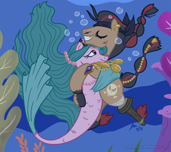 Size: 1000x891 | Tagged: safe, artist:scruffytoto, idw, captain hoofbeard, jewel, merpony, g4, spoiler:comic, amputee, duo, gold tooth, hug, idw showified, peg leg, prosthetic leg, prosthetic limb, prosthetics, underwater