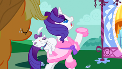 Size: 1366x768 | Tagged: safe, screencap, applejack, opalescence, rarity, g4, suited for success