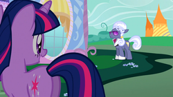 Size: 1366x768 | Tagged: safe, screencap, hoity toity, twilight sparkle, earth pony, pony, unicorn, g4, suited for success, butt, duo, female, horn, male, mare, plot, stallion