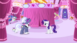 Size: 1366x768 | Tagged: safe, screencap, hoity toity, opalescence, rarity, cat, earth pony, pony, unicorn, g4, suited for success, female, male, mare, stallion, trio
