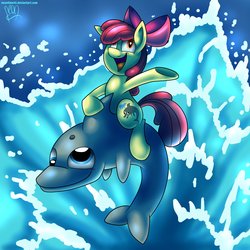 Size: 3000x3000 | Tagged: safe, artist:neoncel, apple bloom, dolphin, bloom & gloom, g4, derp, derphin, derpy fins, high res, open mouth, riding