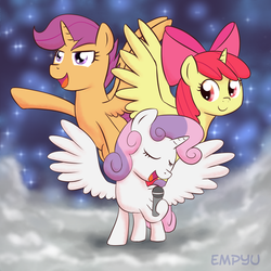 Size: 1000x1000 | Tagged: safe, artist:empyu, apple bloom, scootaloo, sweetie belle, alicorn, pony, g4, alicorn cmc, alicorn crusaders, alicorn cutie mark crusaders, blank flank, bloomicorn, cloud, cloudy, cutie mark crusaders, dream, everyone is an alicorn, eyes closed, female, filly, foal, hoof hold, microphone, open mouth, pointing, race swap, scootacorn, smiling, smirk, spread wings, sweetiecorn, trio, xk-class end-of-the-world scenario