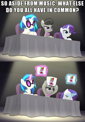 Size: 1500x2141 | Tagged: safe, edit, edited screencap, hundreds of users filter this tag, screencap, dj pon-3, octavia melody, rarity, spike, vinyl scratch, bloom & gloom, g4, card, female, implied shipping, judges, love triangle, male, meme, music judges meme, ship:sparity, ship:spiketavia, shipping, spike gets all the mares, straight, table, vinylspike