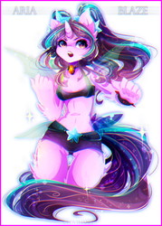 Size: 1591x2222 | Tagged: safe, artist:koveliana, aria blaze, unicorn, anthro, equestria girls, g4, my little pony equestria girls: rainbow rocks, belly button, chromatic aberration, clothes, color porn, female, mare, midriff, shorts, solo, tank top