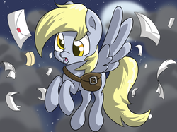 Size: 1024x766 | Tagged: safe, artist:witchtaunter, derpy hooves, pegasus, pony, g4, female, flying, letter, mailbag, mare, solo