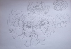 Size: 2208x1534 | Tagged: artist needed, safe, apple bloom, babs seed, scootaloo, sweetie belle, twittermite, bloom & gloom, g4, cutie mark crusaders, ghostbusters, monochrome, traditional art