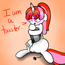 Size: 1200x1200 | Tagged: safe, artist:fullmetalpikmin, oc, oc only, oc:righty tighty, pony, robot, unicorn, female, floppy ears, glasses, multicolored mane, multicolored tail, ponytail, scp, scp foundation, scp-426, solo, this will end in death, toaster, white fur