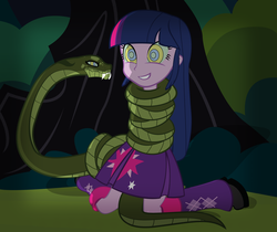 Size: 1024x862 | Tagged: dead source, safe, artist:radiantrealm, twilight sparkle, chimera, snake, equestria girls, g4, coils, female, hypnosis, imminent vore, kaa, kaa eyes, mind control, show accurate, the jungle book