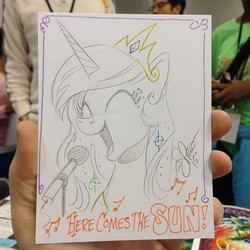 Size: 640x640 | Tagged: safe, artist:andypriceart, princess celestia, g4, andy you magnificent bastard, cute, cutelestia, female, here comes the sun, microphone, singing, solo, song reference, the beatles, traditional art