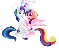 Size: 3337x2737 | Tagged: safe, artist:lunaltaria, princess cadance, shining armor, g4, heart, high res, horn, horns are touching, hug, magic, simple background, sitting, smiling, spread wings