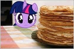 Size: 1200x806 | Tagged: safe, artist:dtkraus, twilight sparkle, alicorn, pony, unicorn, castle sweet castle, g4, the ticket master, behaving like a cat, crepe, eyes on the prize, female, frown, head only, i'm pancake, irl, mare, pancakes, photo, ponies in real life, solo, twilight cat, twilight sparkle (alicorn), twiman, unicorn twilight