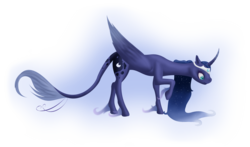 Size: 2528x1488 | Tagged: safe, artist:freyiejj, princess luna, classical unicorn, g4, curved horn, female, horn, leonine tail, raised hoof, solo