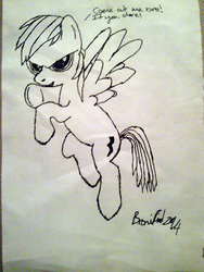 Size: 774x1032 | Tagged: safe, artist:bronified14, fighting stance, flying, monochrome, solo, traditional art