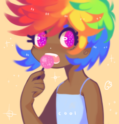 Size: 736x768 | Tagged: safe, artist:furbe, rainbow dash, human, g4, clothes, dark skin, female, food, humanized, lollipop, open mouth, solo, tank top, wingding eyes