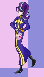 Size: 1760x3064 | Tagged: safe, artist:urusee584, starlight glimmer, human, g4, clothes, cutie mark, disc, enrico pucci, hilarious in hindsight, humanized, implied twilight sparkle, jojo pose, jojo's bizarre adventure, stand, stand disc, stone ocean, uniform, whitesnake