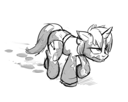 Size: 1280x1022 | Tagged: safe, artist:captainhoers, oc, oc only, oc:skyfall, pony, unicorn, clothes, female, grumpy, hoofprints, messy, monochrome, mud, muddy, muddy puddles, solo, spypone, suit, unhappy