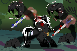 Size: 6800x4500 | Tagged: safe, artist:junkiesnewb, oc, oc only, oc:nox arcana, pony, unicorn, absurd resolution, action pose, angry, claws, donut steel, epic, sword, vector