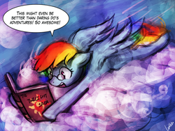 Size: 960x720 | Tagged: source needed, useless source url, safe, artist:lumineko, rainbow dash, g4, 30 minute art challenge, april fools, book, cloud, cloudy, cute, female, floppy ears, glasses, heresy, hoof hold, open mouth, prone, reading, reading rainboom, smiling, sunset shimmer's book, twilight (series), wide eyes