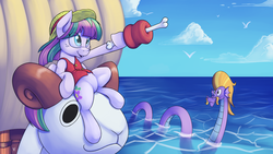 Size: 2880x1620 | Tagged: safe, artist:php87, blossomforth, steven magnet, g4, blossomforth is best pony, crossover, going merry, meat, monkey d. luffy, one piece, pirate, sea king