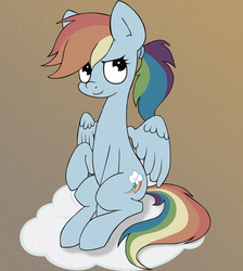 Size: 1600x1784 | Tagged: safe, artist:coinpo, artist:yoditax, rainbow dash, pegasus, pony, g4, alternate hairstyle, backwards cutie mark, cloud, female, filter, looking up, old photo, on a cloud, ponytail, raised hoof, sitting, smiling, solo, spread wings