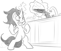 Size: 911x758 | Tagged: safe, artist:reiduran, idw, king sombra, pony, g4, bags under eyes, bipedal, chocolate milk, colt sombra, comic, dark magic, everything is ruined, exploitable meme, faucet, laughing, magic, meme, monochrome, open mouth, pure unfiltered evil, sink, spilled milk, telekinesis