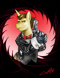 Size: 1500x1950 | Tagged: dead source, safe, artist:croft, con mane, donut joe, unicorn, anthro, g4, bowtie, bust, clothes, gun, gunbarrel, latex, latex gloves, latex suit, male, revolver, solo, spy, tuxedo