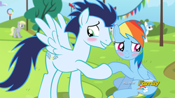 Size: 1024x576 | Tagged: safe, artist:shutterflyeqd, screencap, derpy hooves, lightning bolt, rainbow dash, soarin', white lightning, pegasus, pony, g4, all new, blushing, discovery family logo, fake screencap, female, hoof hold, i can't believe it's not hasbro studios, male, mare, old cutie mark, ship:soarindash, shipping, stallion, straight, text, wingboner