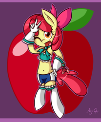 Size: 1181x1425 | Tagged: safe, artist:anggrc, apple bloom, anthro, apple bloomers, g4, belly button, female, midriff, peace sign, sailor moon (series), solo, wink