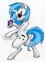 Size: 934x1280 | Tagged: safe, artist:ihmislehma, dj pon-3, vinyl scratch, g4, dancing, female, looking at you, smiling, solo, traditional art, turntable, wub