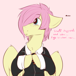 Size: 1200x1200 | Tagged: dead source, safe, artist:rainbowscreen, fluttershy, pegasus, pony, ask the gaylord, g4, butterscotch, clothes, floppy ears, rule 63, solo