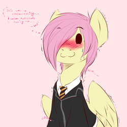 Size: 1200x1200 | Tagged: dead source, safe, artist:rainbowscreen, fluttershy, pegasus, pony, ask the gaylord, g4, :3, blushing, butterscotch, clothes, necktie, rule 63, solo