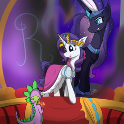 Size: 4000x4000 | Tagged: safe, artist:dazed-and-wandering, nightmare rarity, rarity, spike, pony, unicorn, clothes, comic, dress, female, fire ruby, male, nightmare sparity, nightmare sparity ménage à trois, scene interpretation, shipping, sparity, straight, trio