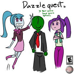 Size: 2000x2000 | Tagged: safe, artist:figgot, aria blaze, sonata dusk, oc, oc:anon, equestria girls, g4, bunny ears (gesture), dazzlequest, e rating, esrb, featuring dante from the devil may cry series, female, high res, male, trio