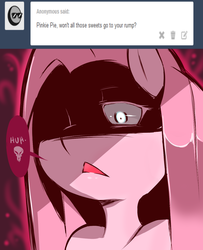 Size: 1200x1480 | Tagged: safe, artist:cold-blooded-twilight, pinkie pie, g4, angry, ask, female, kinkie pie, pinkamena diane pie, solo, speech bubble, tumblr, yandere, yandere pie