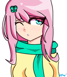 Size: 478x549 | Tagged: safe, artist:natchatrolling, fluttershy, human, g4, clothes, female, humanized, scarf, solo, sweatershy