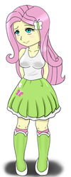Size: 640x1600 | Tagged: safe, artist:buxie, fluttershy, equestria girls, g4, breasts, busty fluttershy, clothes, female, pixiv, skirt, solo, tank top