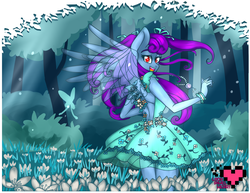 Size: 3850x2975 | Tagged: safe, artist:ladypixelheart, oc, oc only, oc:lyrica spring, butterfly, anthro, clothes, dress, high res, solo, transparent wings