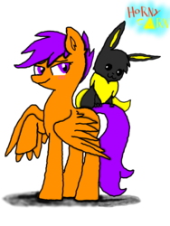 Size: 720x960 | Tagged: safe, artist:h0rnycorn, scootaloo, oc, oc:bumper, eevee, g4, blushing, cute, non-mlp oc, pokémon