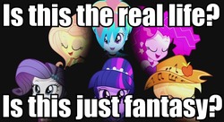 Size: 960x524 | Tagged: safe, edit, edited screencap, screencap, applejack, fluttershy, pinkie pie, rainbow dash, rarity, twilight sparkle, human, equestria girls, friendship through the ages, g4, bohemian rhapsody, country applejack, female, folk fluttershy, humane five, humane six, image macro, meme, queen (band), rainbow punk, song in the comments, song reference