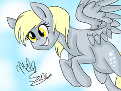 Size: 1024x768 | Tagged: safe, artist:melisong777, derpy hooves, pegasus, pony, g4, female, flying, mare, solo