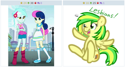 Size: 640x343 | Tagged: safe, artist:furrgroup, screencap, bon bon, lyra heartstrings, sweetie drops, oc, oc:wooden toaster, pegasus, pony, derpibooru, equestria girls, g4, life is a runway, canterlot city, exploitable meme, female, juxtaposition, juxtaposition win, lesbian, meme, meta