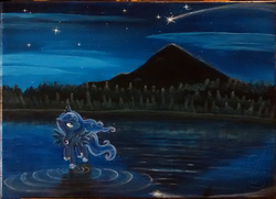 Size: 900x653 | Tagged: safe, artist:linkslove, princess luna, g4, female, lake, night, shooting star, solo, spread wings, stars, traditional art, water