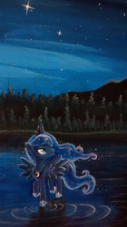 Size: 1024x1823 | Tagged: safe, artist:linkslove, princess luna, g4, female, night, solo, spread wings, stars, traditional art, water