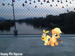 Size: 3264x2448 | Tagged: safe, artist:phi1997, artist:tyto-ovo, applejack, g4, bridge, filly applejack, high res, irl, padlock, photo, ponies in real life, river, signature, solo, stick, vector