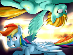 Size: 1600x1218 | Tagged: safe, artist:sourspot, lightning dust, rainbow dash, g4, flying, looking at each other, sun